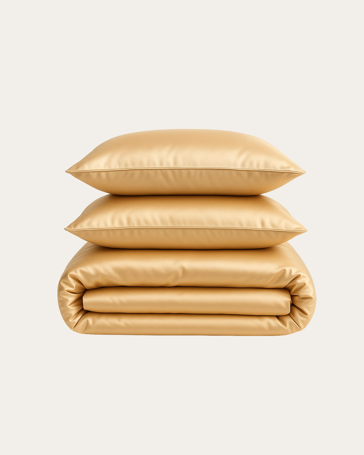 Beige Sable Satin Full Bedding Set with silky satin sheets and pillows for a cozy bedroom.