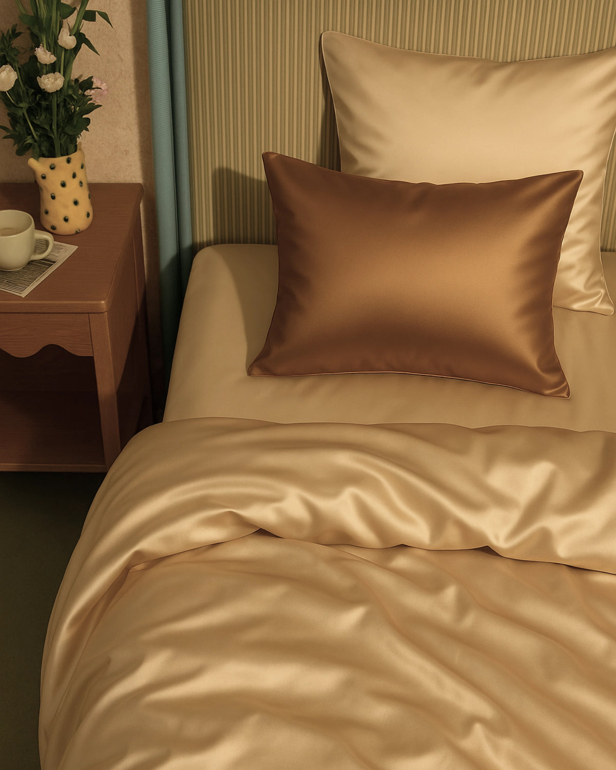 Close-up of beige satin fitted sheets and a brown satin pillow on a cozy bed.