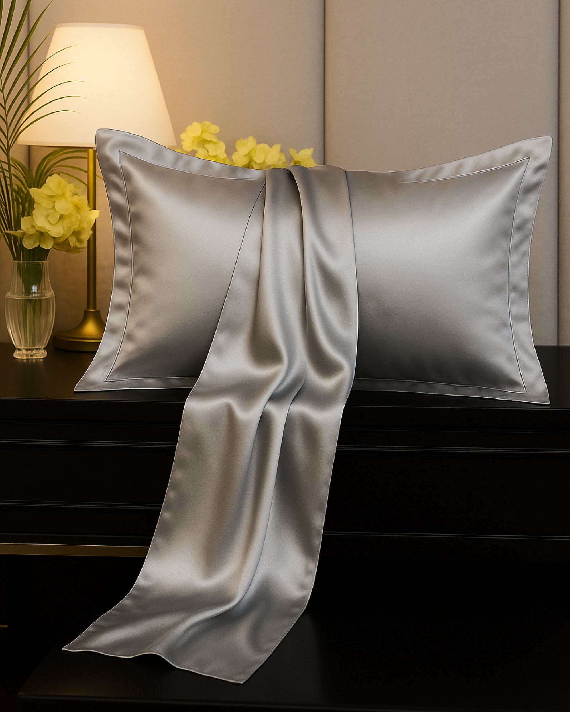 Moonlight silver satin oxford pillowcase elegantly draped on a nightstand, showcasing its sleek texture and modern design.