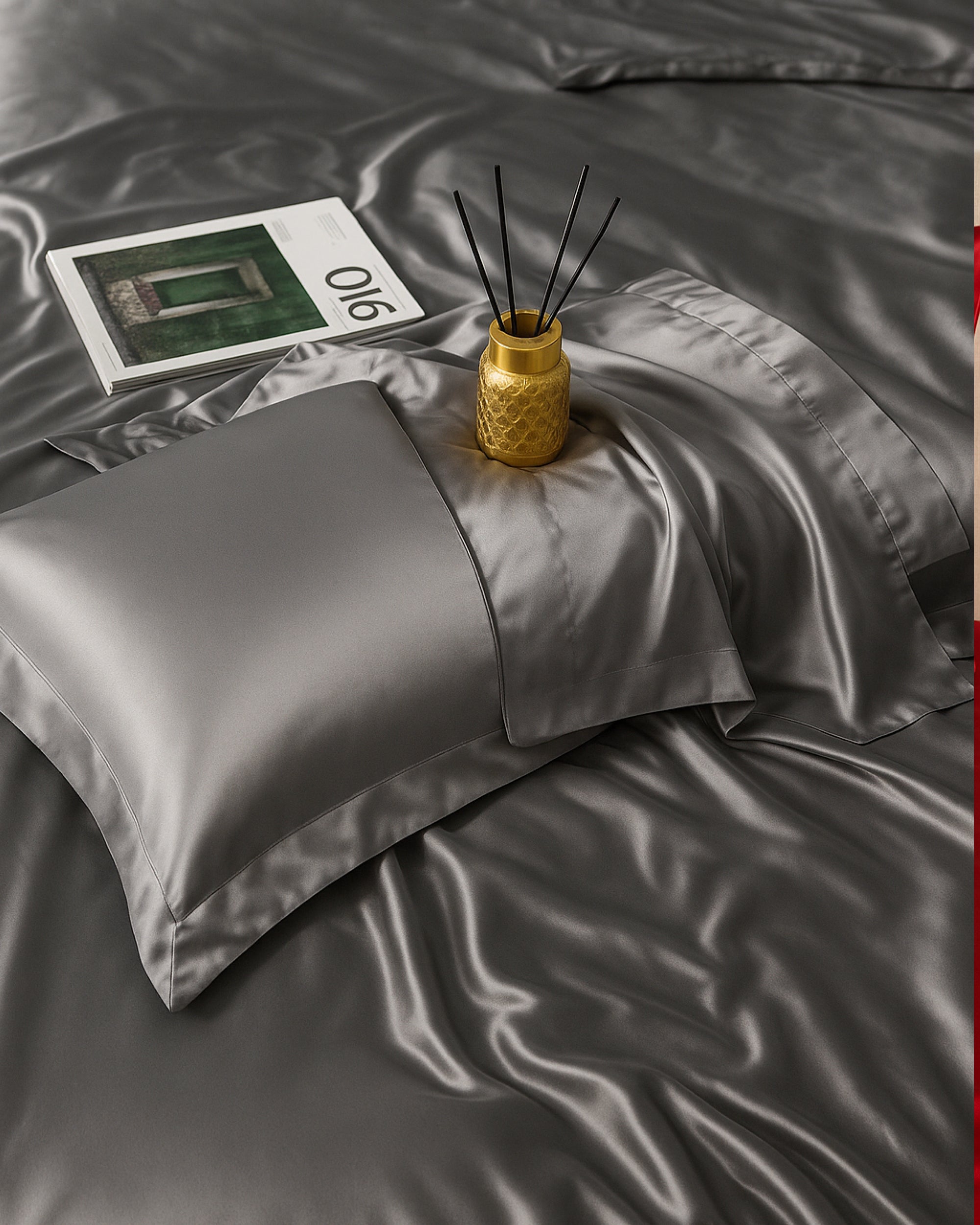 Moonlight silver satin Oxford pillowcase with a silky smooth finish, offering luxurious comfort and a refined, modern touch to your bedroom décor.