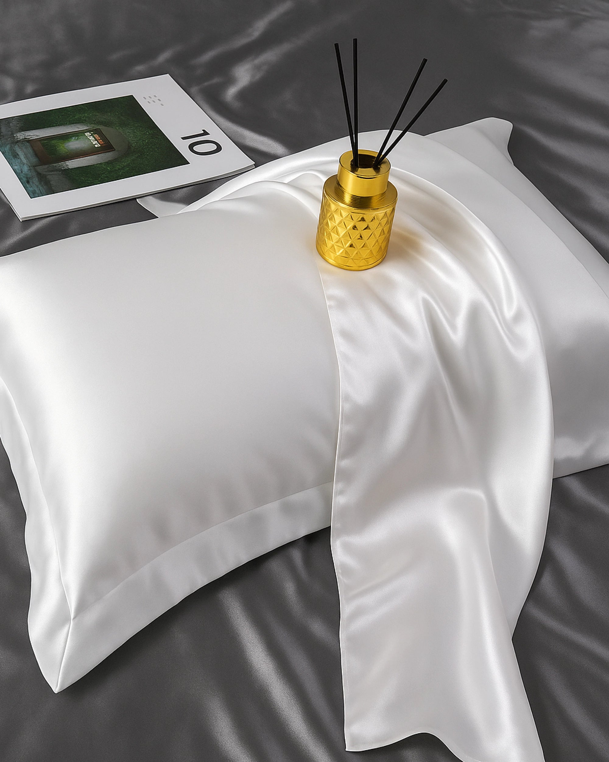 Luxurious frost white satin Oxford pillowcase combining silky softness, comfort, and minimalist style for a peaceful sleep experience.