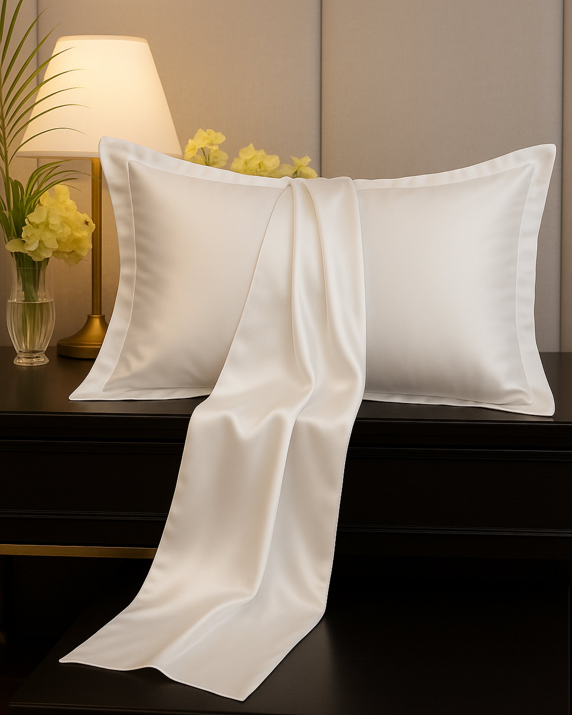 Elegant Oxford pillowcase in frost white satin, designed to enhance restful sleep while adding a refined and classic touch to your bedding.