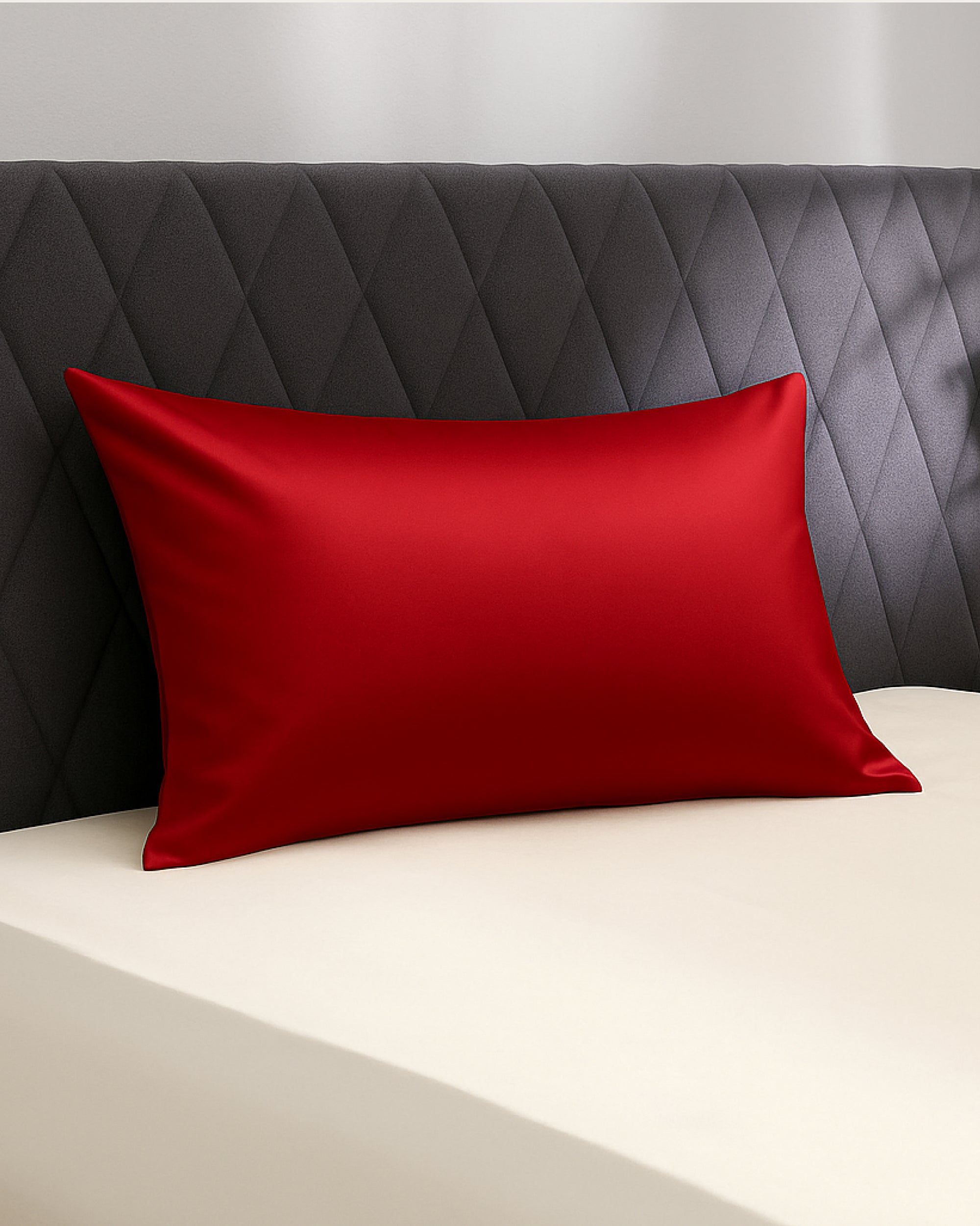 Imperial Red Satin Pillowcase on a bed with a stylish headboard, enhancing bedroom decor and comfort.