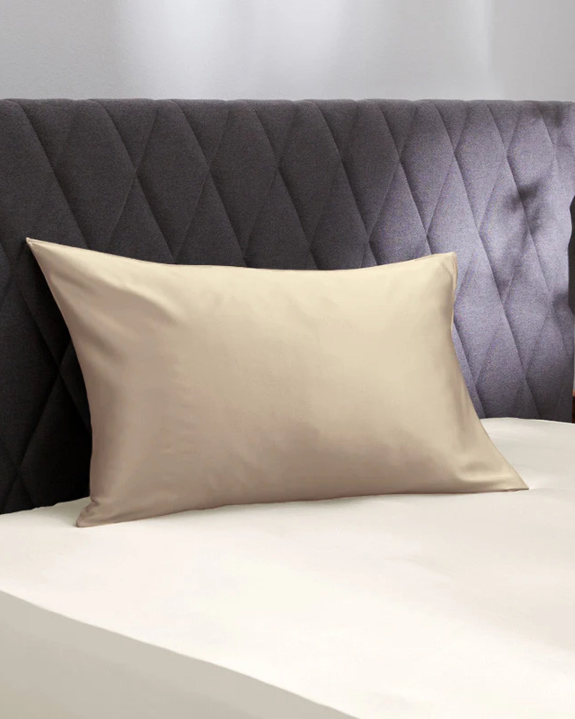 Close-up of Beige Satin Pillowcase showcasing its silky texture and romantic charm for a fresh morning look.